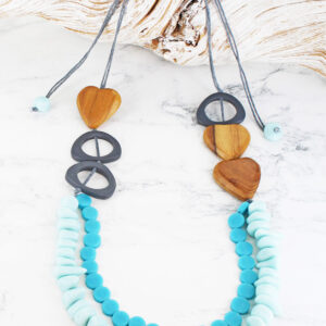 BB1501TU RESIN BEAD & WOODEN HEART NECKLACE